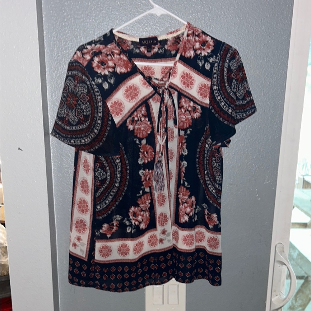Artesia Black and Pink Tie Front Sailor Collar Blouse